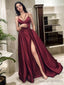 A Line Spaghetti Straps Sweep Train Satin Prom Dress With Pockets