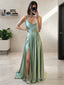 A Line Spaghetti Straps Sweep Train Silk like Satin Prom Dresses With Leg Slit