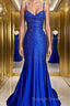 A-Line/Princess Spaghetti Straps Sweep Train Silk like Satin Prom Dresses With Ruffles
