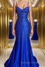 A Line Spaghetti Straps Sweep Train Silk like Satin Prom Dress With Ruffles