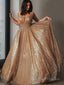 A Line Spaghetti Straps Court Train Tulle Prom Dresses With Sequin