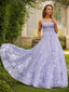 A Line Spaghetti Straps Sweep Train Tulle Prom Dresses With Appliques Lace