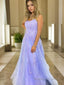A Line Spaghetti Straps Sweep Train Tulle Prom Dresses With Appliques Lace