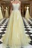 A Line Spaghetti Straps Sweep Train Tulle Prom Dress With Appliques Lace