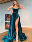 A-Line/Princess Spaghetti Straps Sweep Train Velvet Prom Dresses With Leg Slit