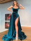 A Line Spaghetti Straps Sweep Train Velvet Prom Dresses With Leg Slit