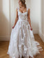 A Line Square Court Train Tulle Wedding Dress with Appliques Lace