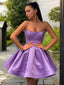 A Line Square Short Mini Satin Homecoming Dresses With Ruffles