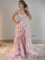 A Line Straps Court Train Tulle Prom Dresses With Leg Slit