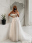 A Line Sweetheart Sweep Train Tulle Wedding Dresses With Appliques Lace