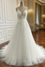 A-line Tulle Applique V-Neck Sleeveless Chapel Train Wedding Dress