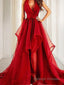 A Line V Neck Court Train Organza Prom Dresses With Ruffles