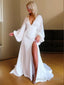 A Line V Neck Court Train Charmeuse Wedding Dresses With Leg Slit