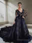 A Line V Neck Court Train Lace Wedding Dresses With Appliques Lace