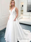 A Line V Neck Court Train Satin Wedding Dresses With Bow