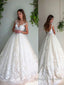 A Line V Neck Court Train Tulle Wedding Dresses With Appliques Lace