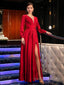 A Line V Neck Floor Length Satin Chiffon Prom Dresses With Leg Slit