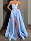 A-Line/Princess V-neck Floor-Length Satin Prom Dresses With Leg Slit