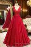 A Line Princess V Neck Long Dress Floor Length Sparkly Tulle Prom Dress With Appliqued Beading Glitter