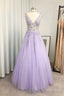 A Line V Neck Long Dress Floor Length Tulle Prom Dress With Beading Sequins