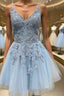 A Line V Neck Short Mini Tulle Homecoming Dress With Appliques Lace