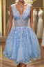A Line V Neck Short Mini Tulle Homecoming Dress With Appliques Lace