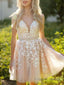 A Line V Neck Short Mini Tulle Homecoming Dresses With Appliques Lace