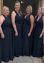 A Line V Neck Sleeveless Long Dress Floor Length Chiffon Bridesmaid Dress With Pleated Waistband