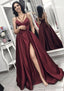 A Line V Neck Sleeveless Long Dress Floor Length Elastic Satin Prom Dress With Split Pleated