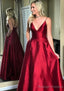 A Line V Neck Sleeveless Sweep Train Satin Prom Dress