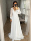 A Line V Neck Sweep Train Chiffon Wedding Dresses