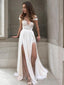 A Line V Neck Sweep Train Chiffon Wedding Dresses With Leg Slit