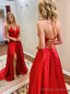 A Line V Neck Sweep Train Elastic Woven Satin Prom Dress With Leg Slit