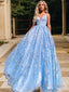 A Line V Neck Sweep Train Lace Prom Dresses With Appliques Lace