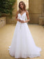 A Line V Neck Sweep Train Lace Wedding Dresses With Appliques Lace