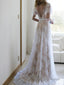 A Line V Neck Sweep Train Lace Wedding Dresses With Appliques Lace