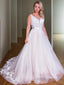 A Line V Neck Sweep Train Lace Wedding Dresses With Appliques Lace