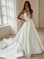 A Line V Neck Sweep Train Satin Wedding Dresses