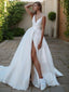 A Line V Neck Sweep Train Satin Wedding Dresses With Leg Slit