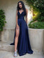 A Line V Neck Sweep Train Silk like Satin Prom Dresses With Leg Slit