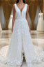 A Line V Neck Sweep Train Stretch Crepe Wedding Dress With Leg Slit