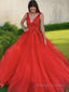 A Line V Neck Sweep Train Tulle Prom Dresses With Appliques Lace