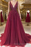 A-Line/Princess V-neck Sweep Train Tulle Evening Dresses With Ruffles