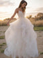 A Line V Neck Sweep Train Tulle Wedding Dresses