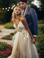 A Line V Neck Sweep Train Tulle Wedding Dresses With Appliques Lace