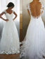 A Line V Neck Sweep Train Tulle Wedding Dresses With Appliques Lace