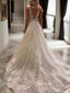 A Line V Neck Sweep Train Tulle Wedding Dresses With Appliques Lace
