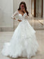 A Line V Neck Sweep Train Tulle Wedding Dresses With Appliques Lace