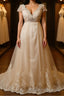 A Line V Neck Sweep Train Tulle Wedding Dress With Beading