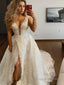 A Line V Neck Sweep Train Tulle Wedding Dresses With Leg Slit